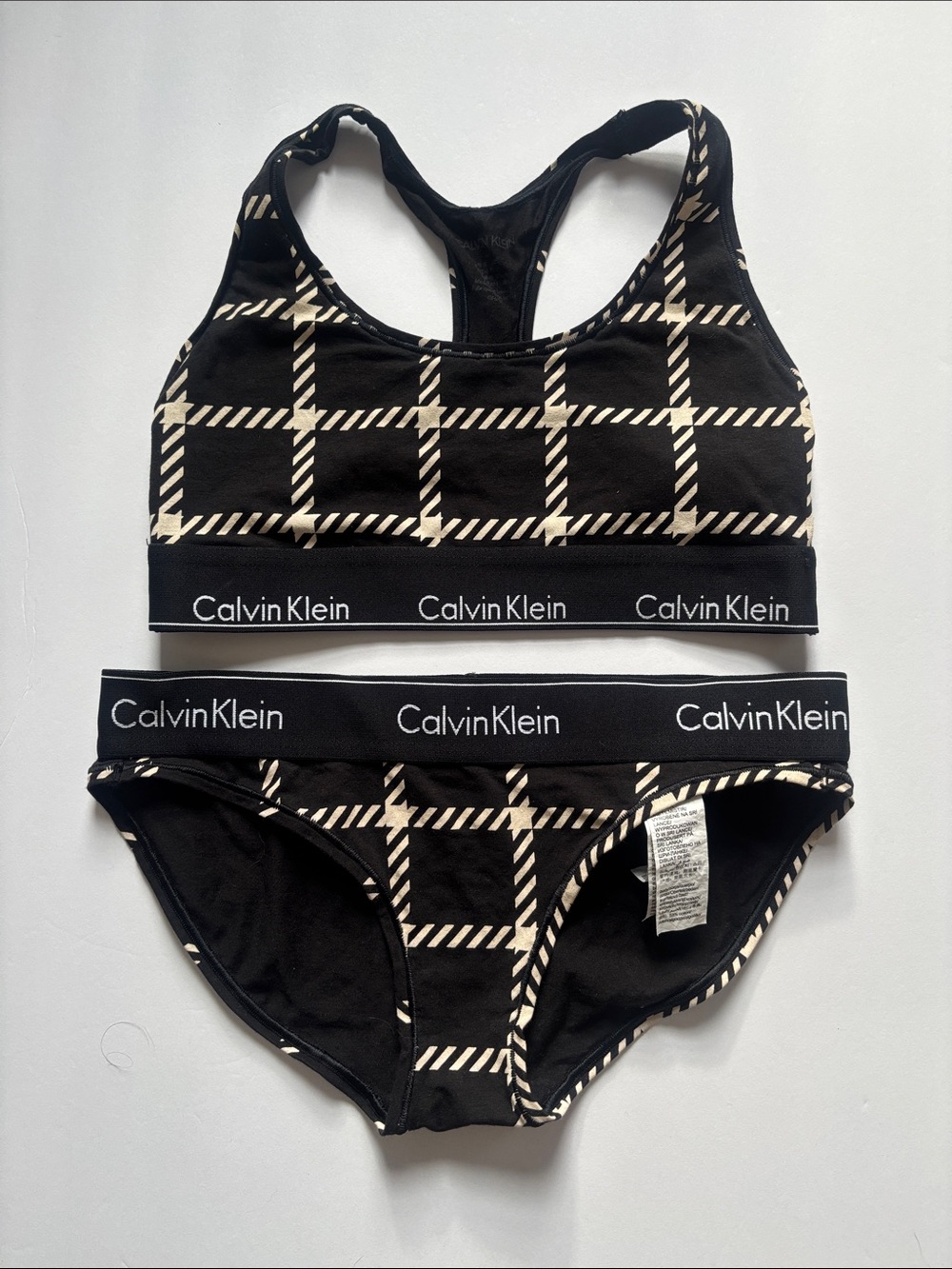 Calvin Klein Black & Cream Plaid Logo Sports Bra and Brief